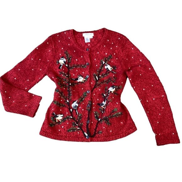 VTG Coldwater Creek Red Granny Cardigan Embroidered Birds Beaded Sz S #255A - Picture 1 of 8